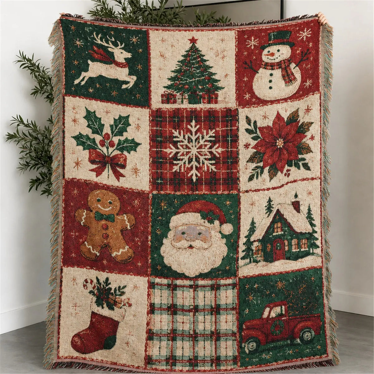 Woven Throw Blanket with Holiday Patchwork Squares