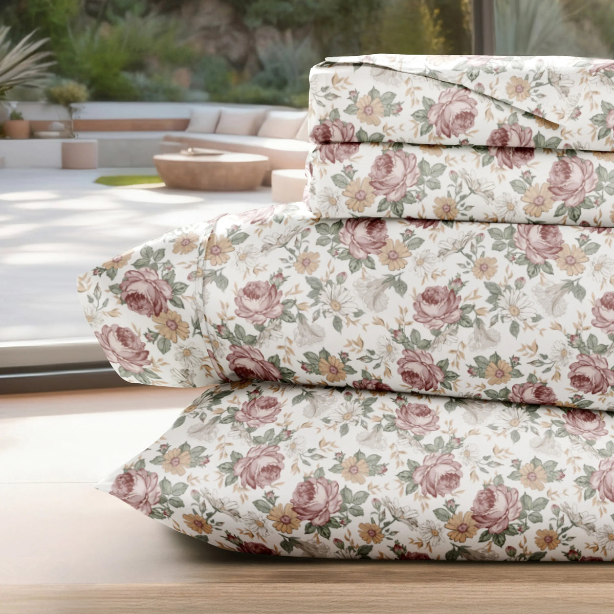 Rose Floral Sheet Set in Folded Stack