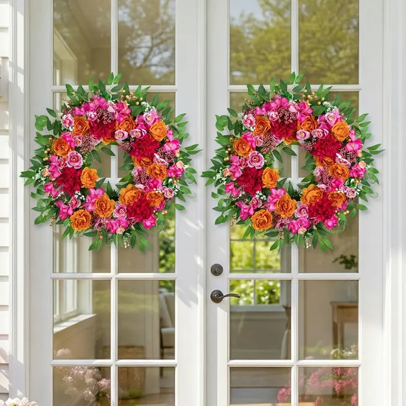 Round Pink and Orange Faux Flower Door Wreath