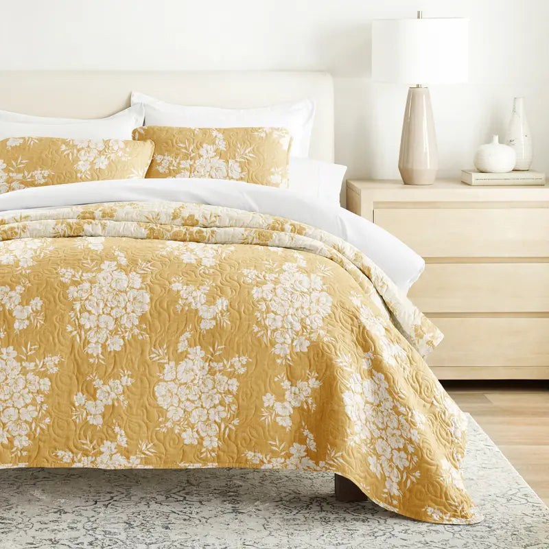 Yellow Floral Reversible Quilted Coverlet with Shams
