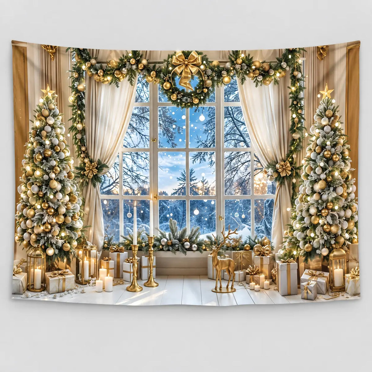 Christmas Window Scene Fabric Wall Backdrop