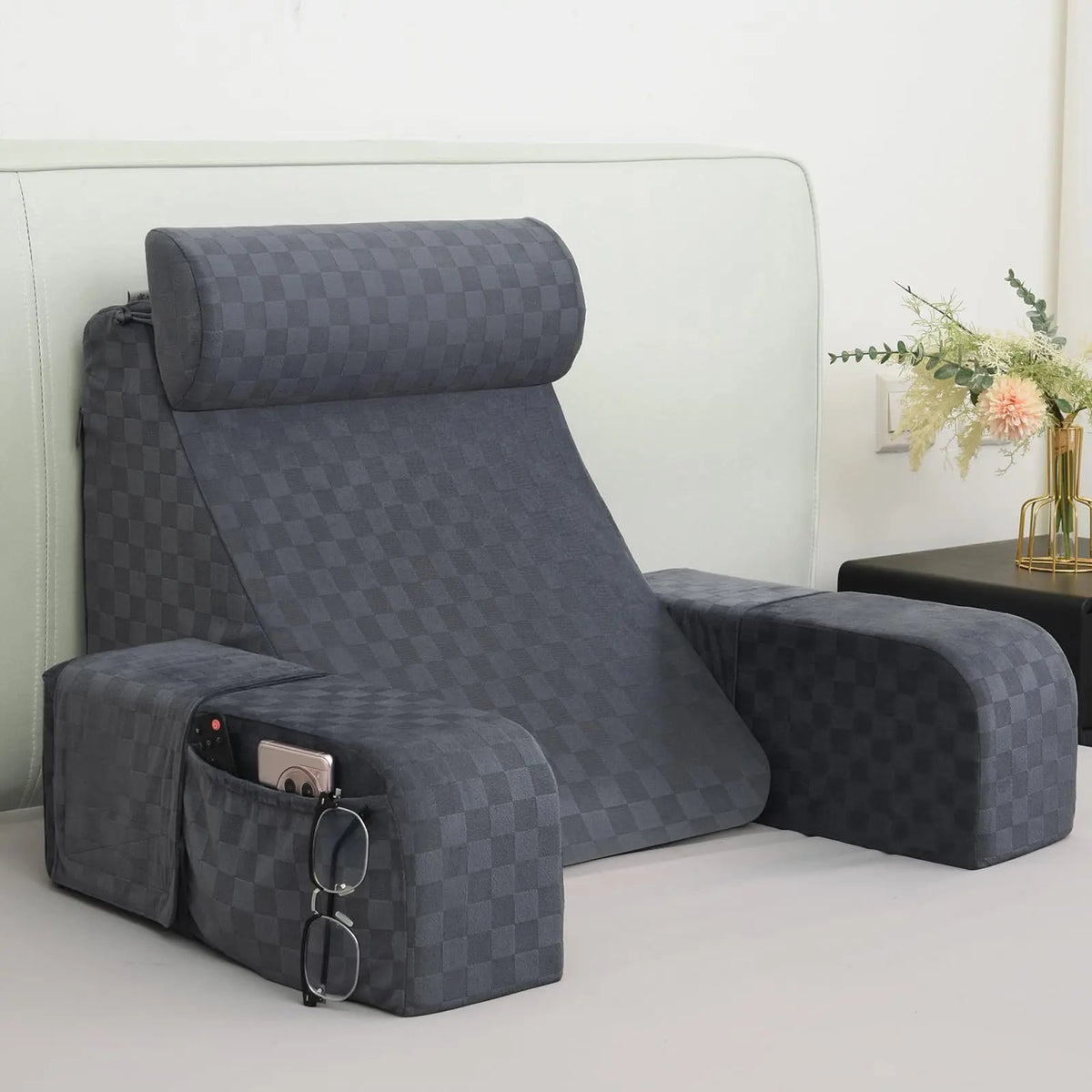 Grey Checked Backrest Pillow with Arm Supports