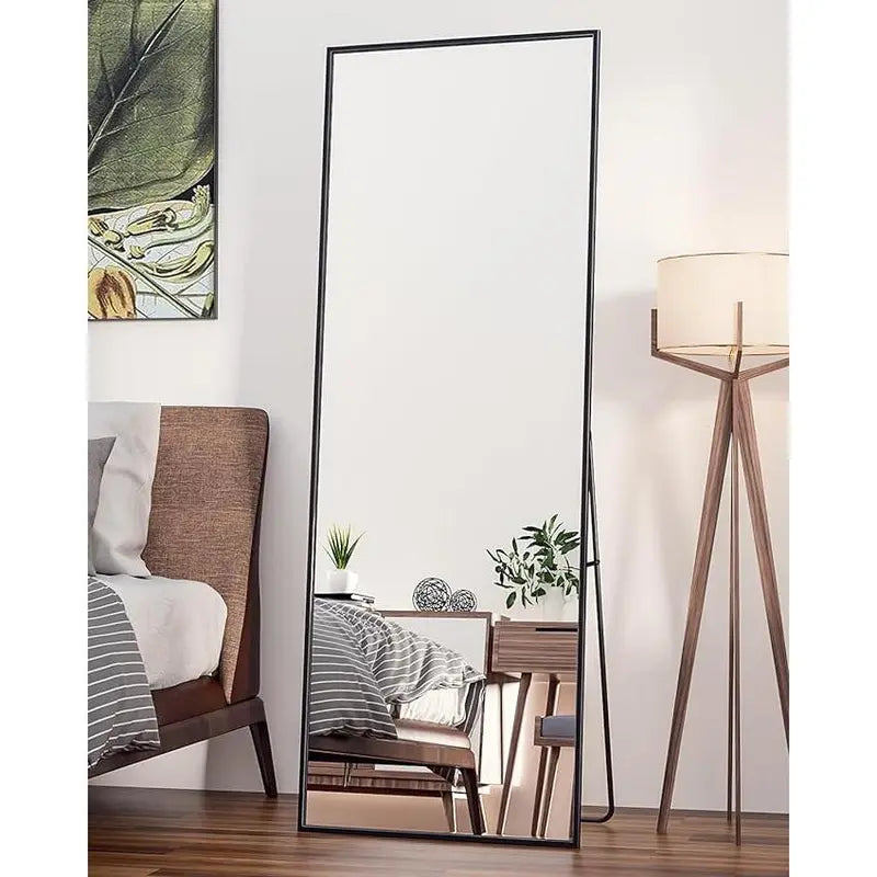 Tall Black Thin-Framed Rectangular Floor Mirror