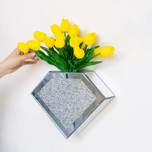 Diamond-Shaped Mirrored Wall Vase with Crushed Glass Panel