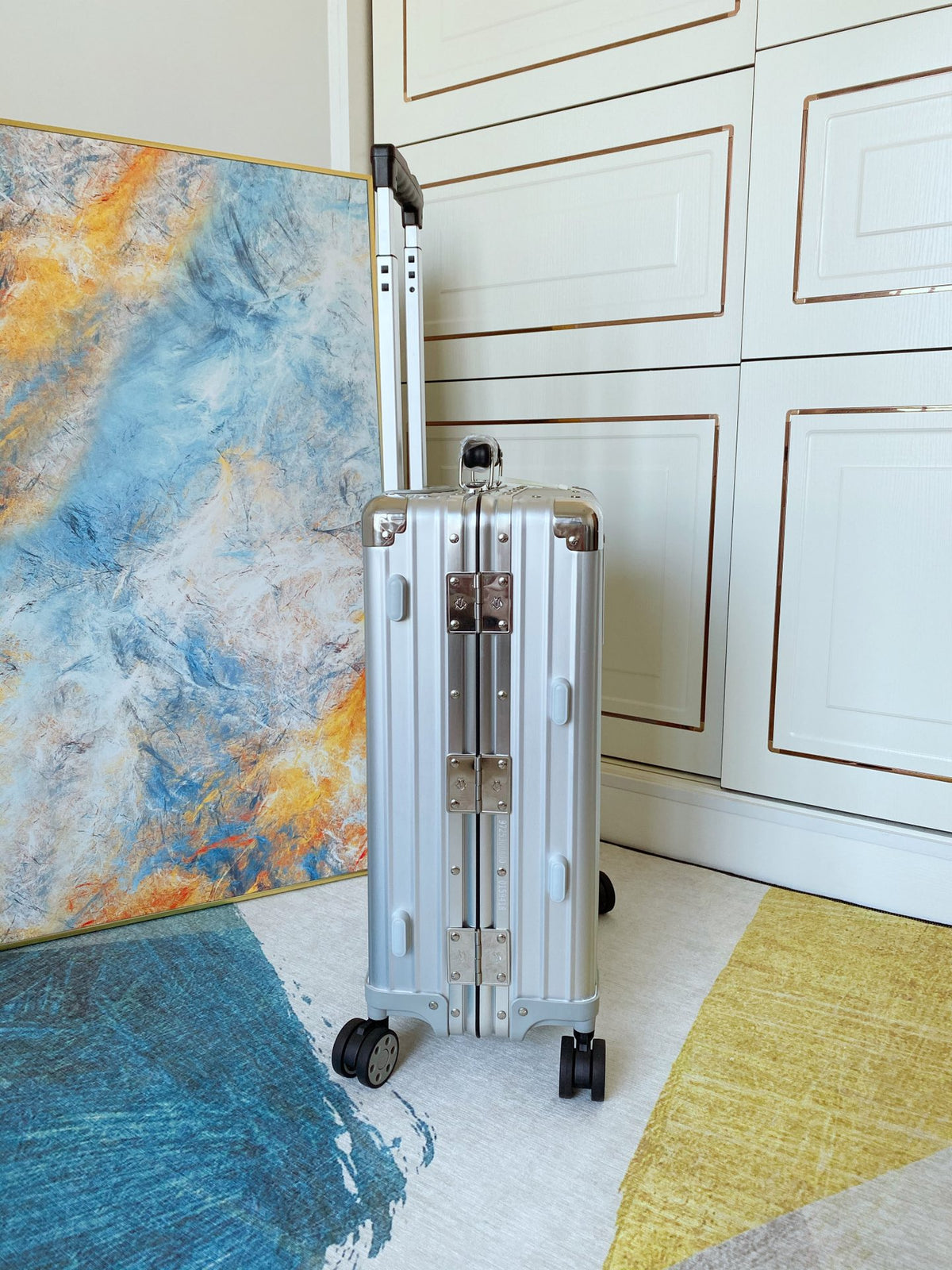 Ribbed Silver Aluminum Carry-On Suitcase with Spinner Wheels