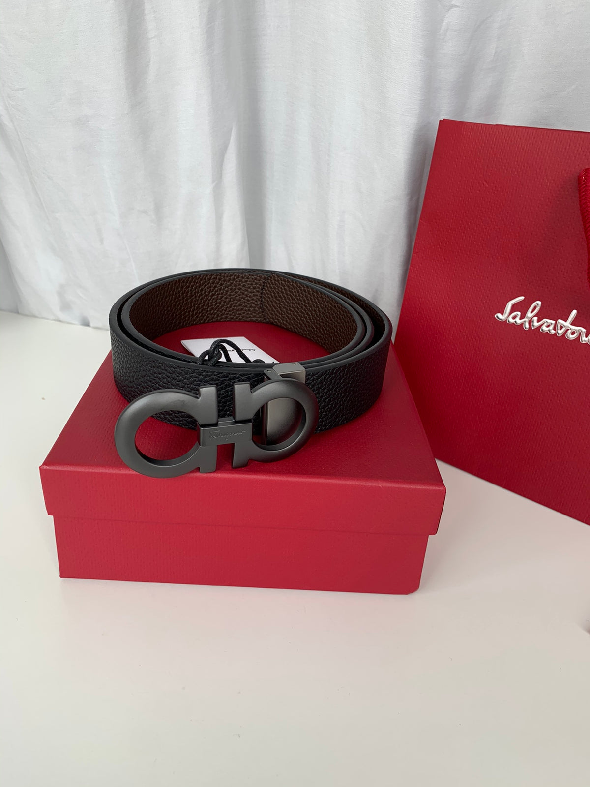 Salvatore Ferragamo Men's Gancini Buckle Black Leather Belt with Box and Dust Bag