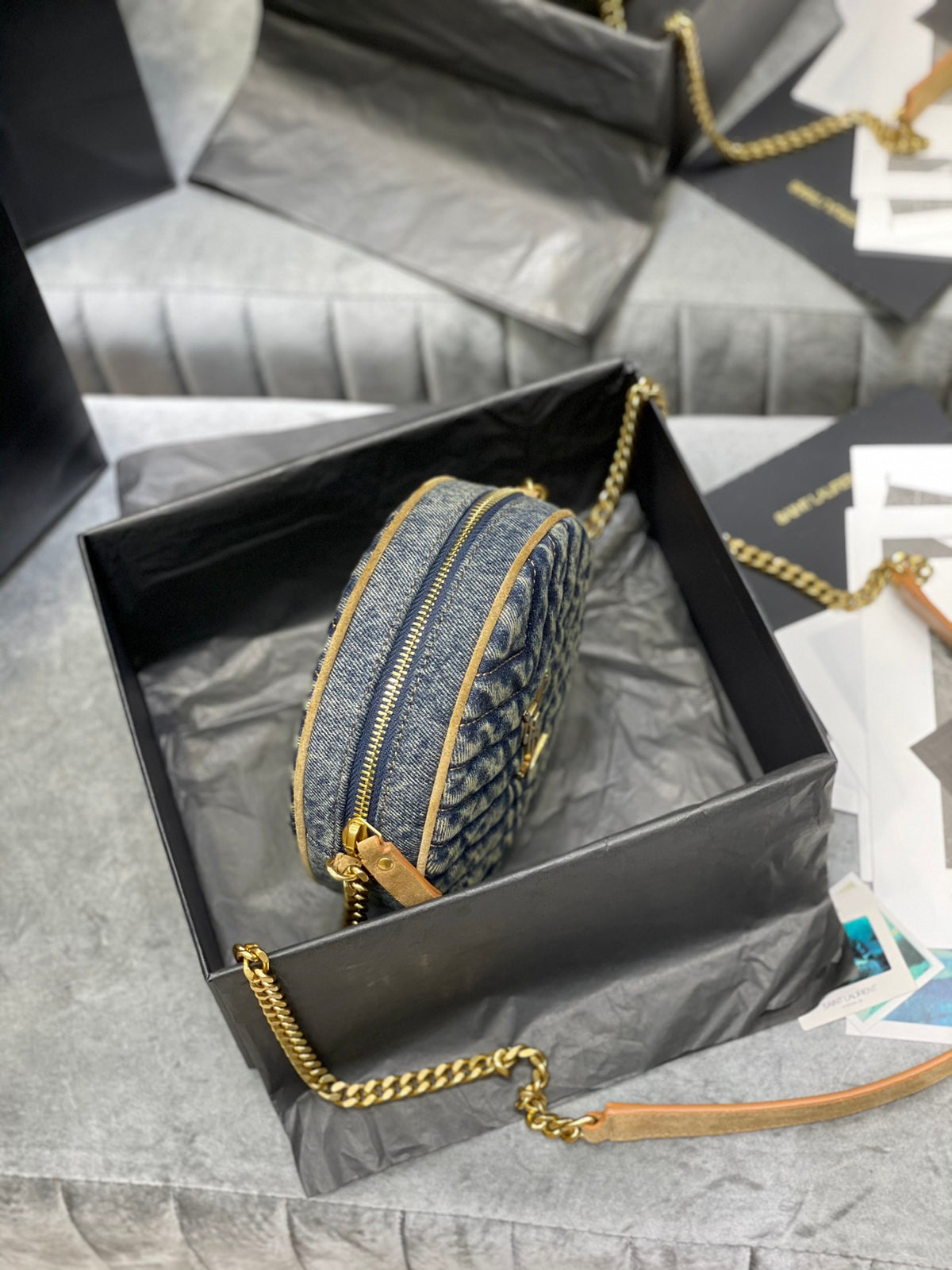 Saint Laurent Vinyle Round Camera Bag in Monogram Canvas and Leather