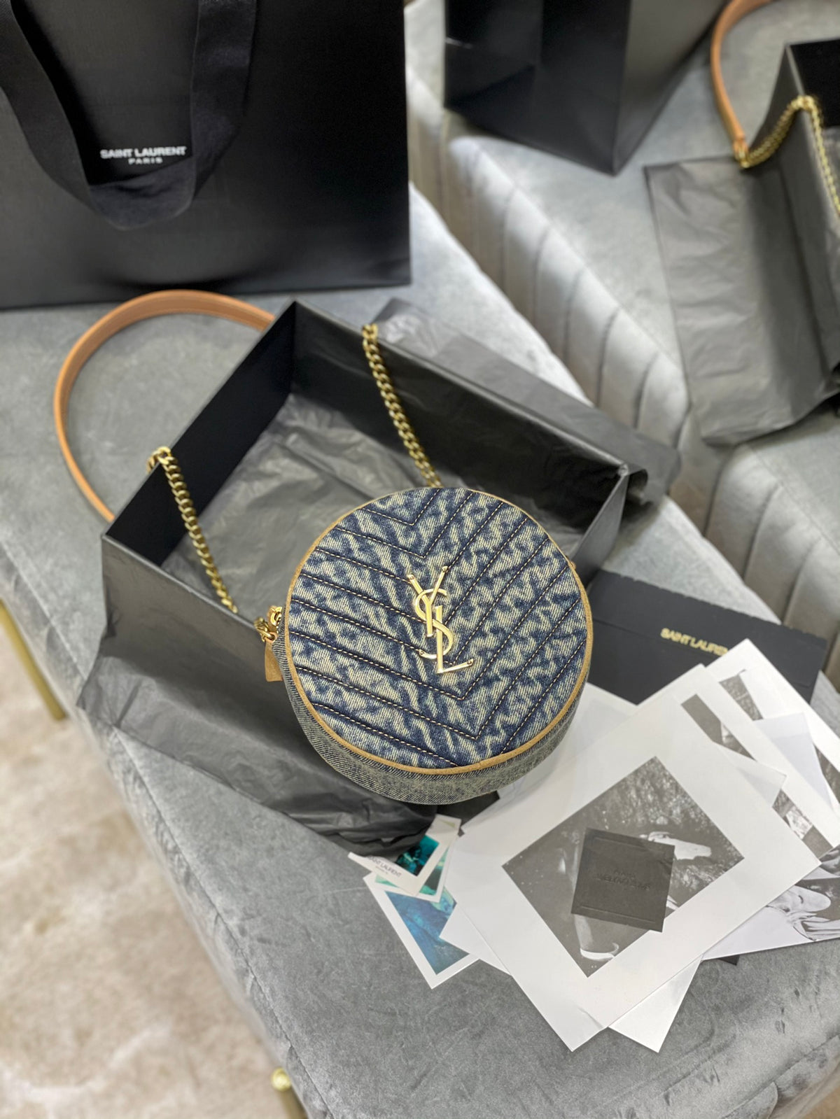 Saint Laurent Vinyle Round Camera Bag in Monogram Canvas and Leather