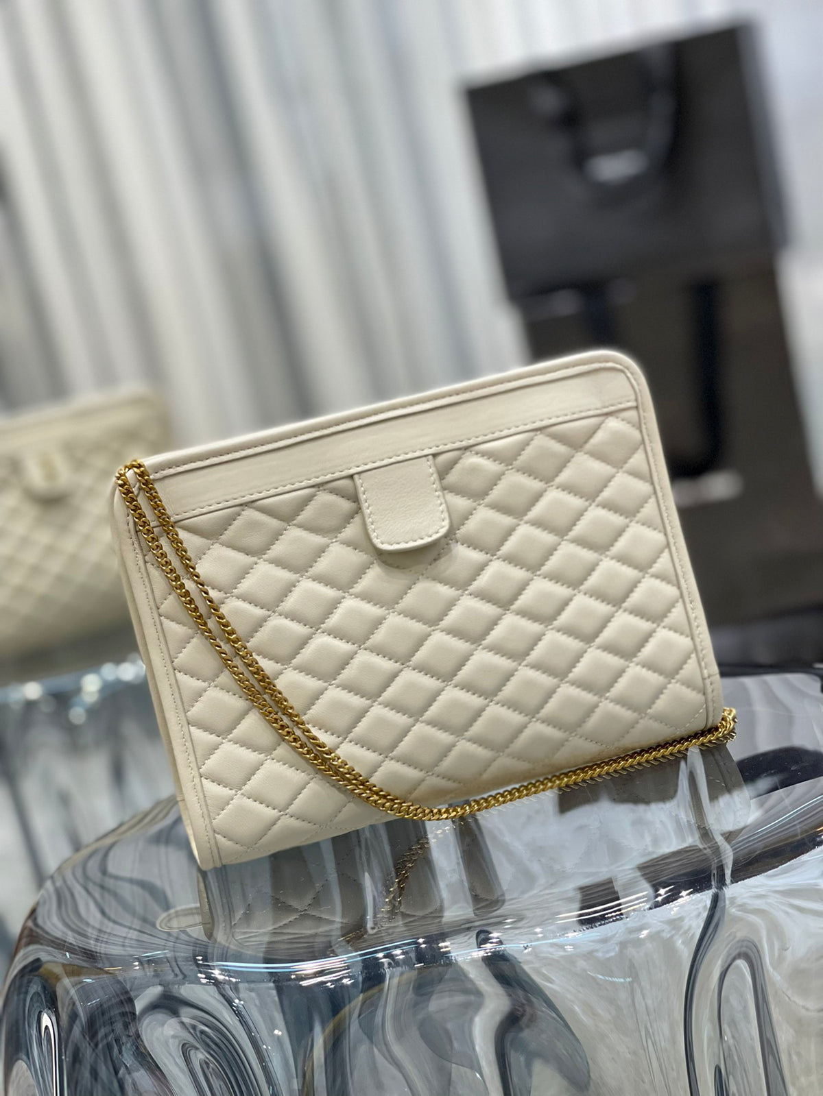 Saint Laurent Gaby Quilted Leather Shoulder Bag - Cream Off-White with Gold Hardware