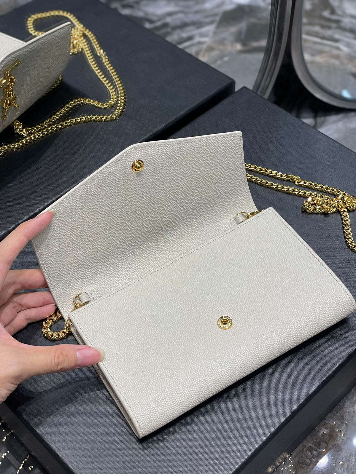 Saint Laurent Cassandre Envelope Chain Wallet in White Grained Leather with Gold Hardware