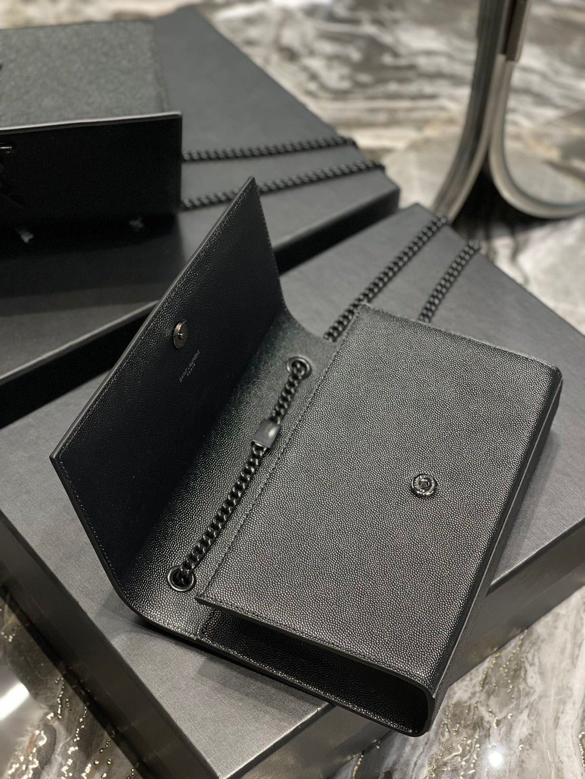 Saint Laurent Cassandre Chain Wallet in Black Grain de Poudre Leather with Tonal Logo