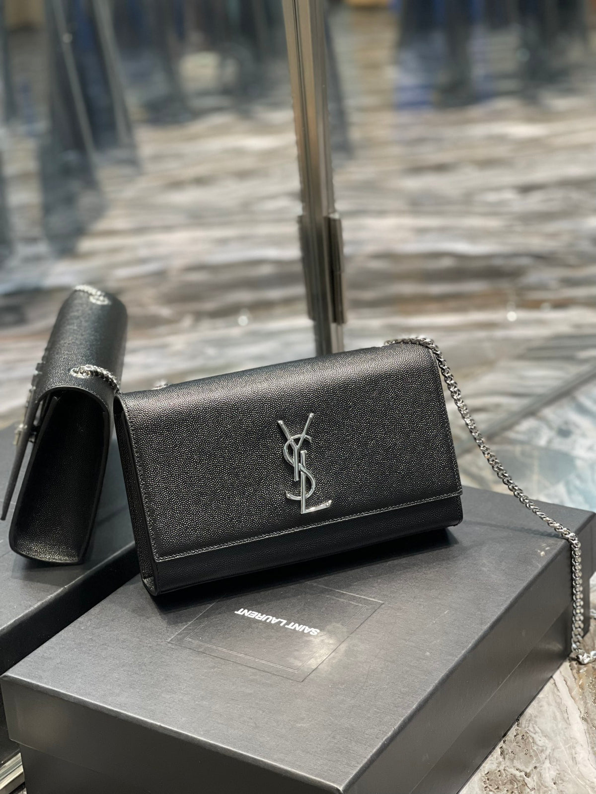 Saint Laurent Sunset Chain Wallet in Grain de Poudre Embossed Leather - Black