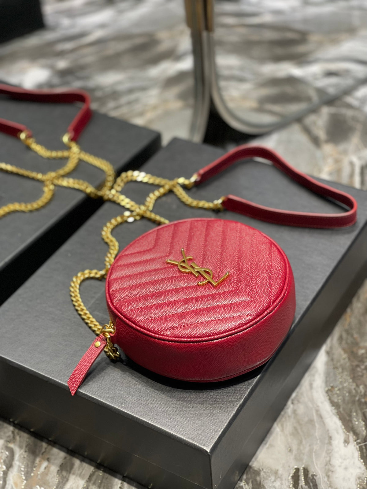Saint Laurent Vinyle Round Camera Bag in Chevron-Quilted Leather - Red