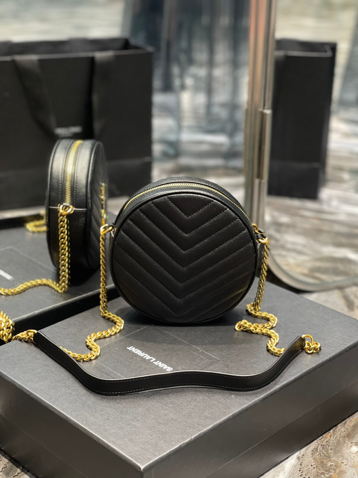 Saint Laurent Vinyle Round Camera Bag in Chevron Quilted Leather - Black