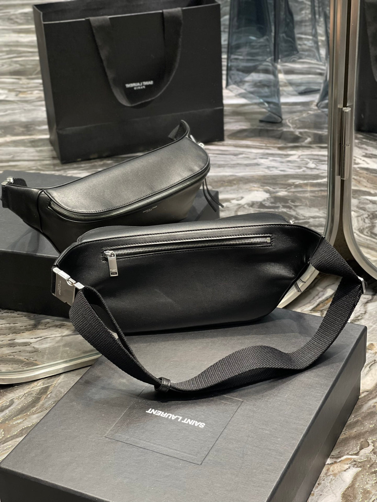 Saint Laurent Black Smooth Leather Belt Bag with Silver-Tone Hardware