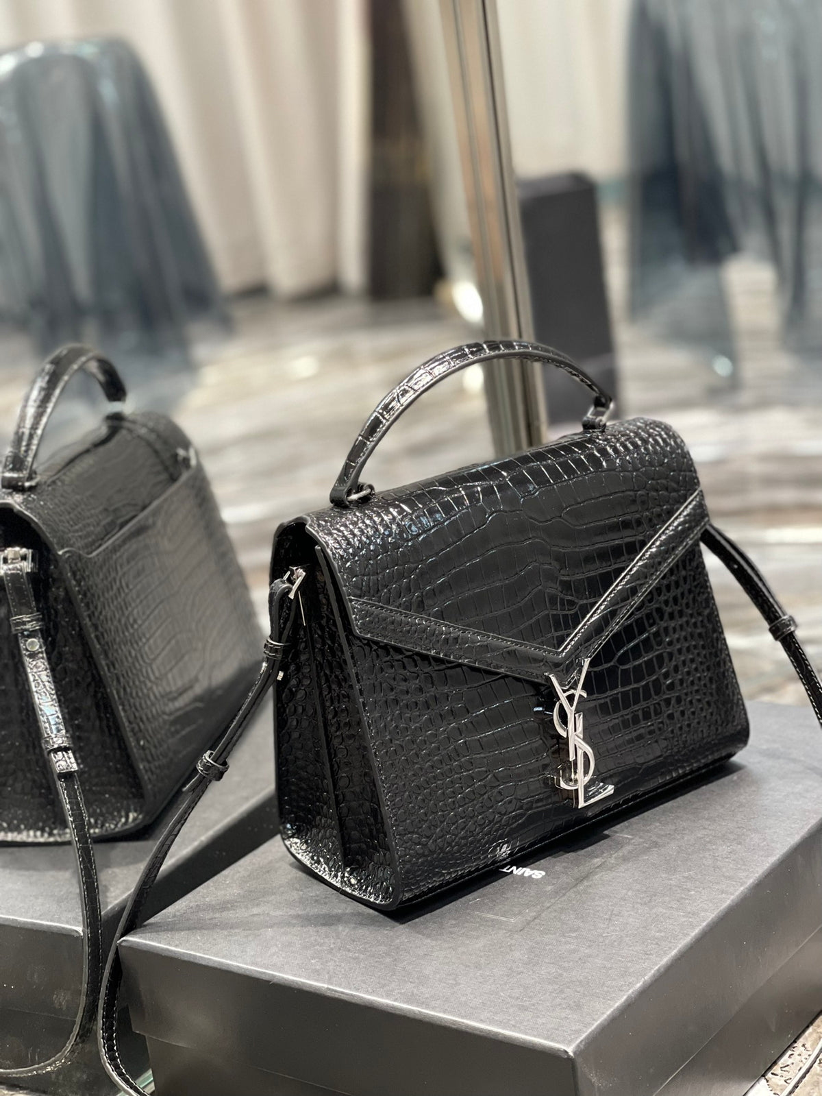 Saint Laurent Cassandra Medium Top Handle Bag in Crocodile-Embossed Leather - Black