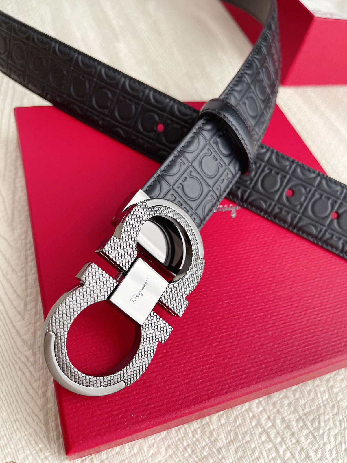 Salvatore Ferragamo Gancini Reversible Leather Belt in Black with Embossed Logo and Silver-Tone Buckle, Includes Gift Packaging