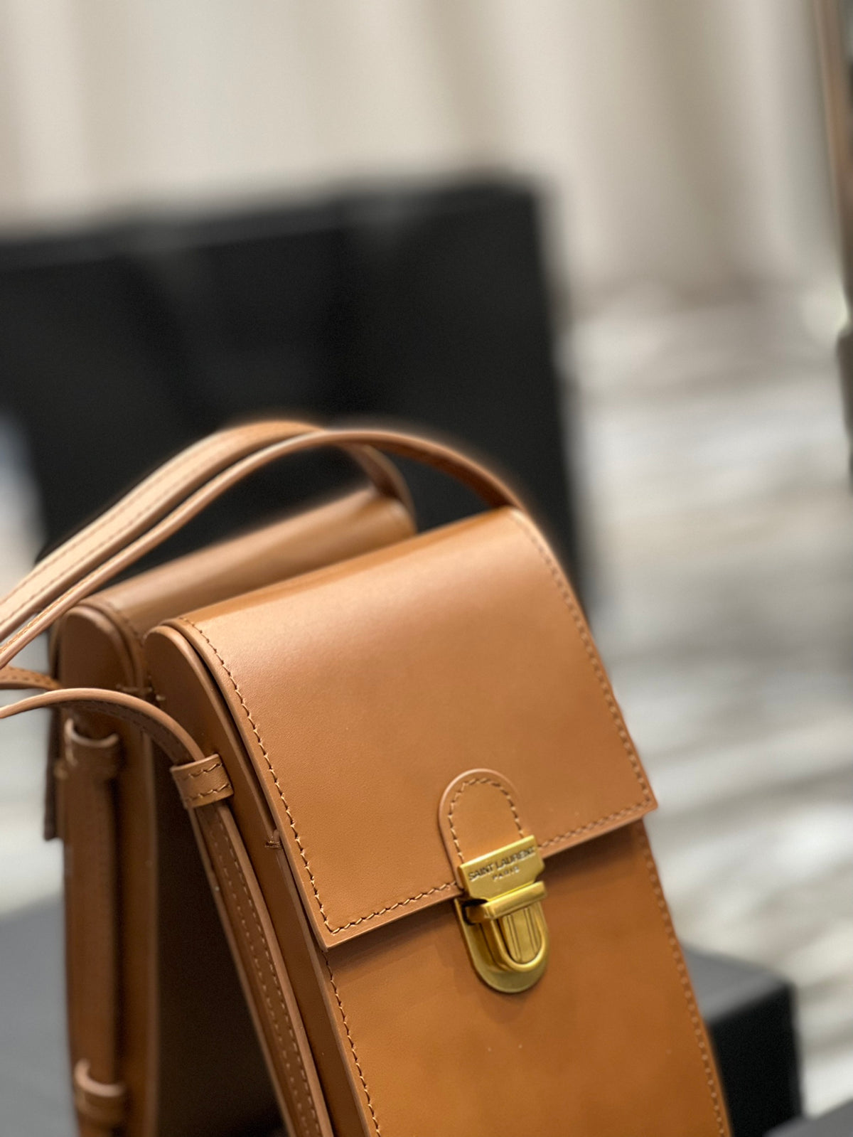 Small Tan Leather Crossbody Phone Bag with Gold-Tone Clasp