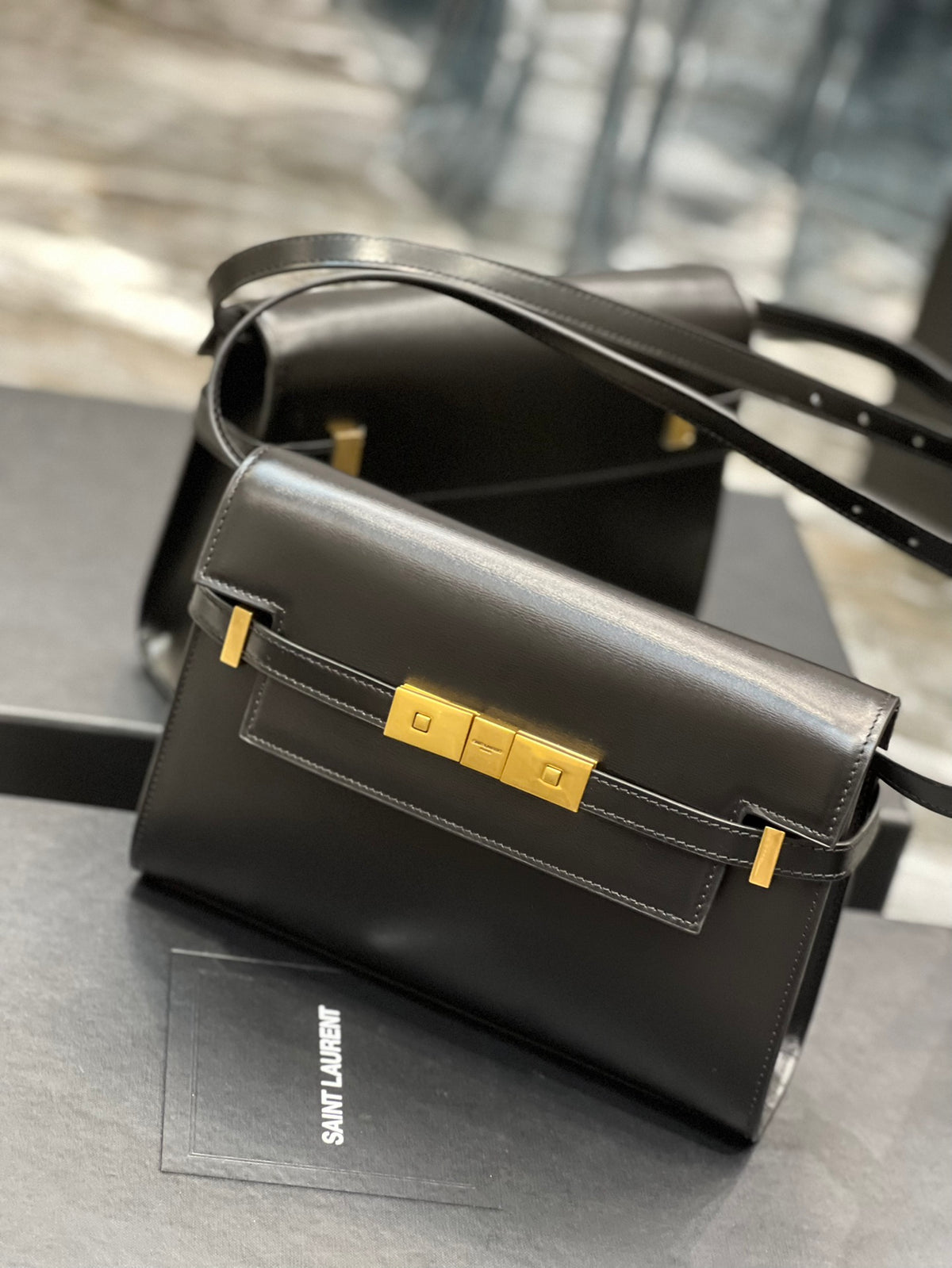 Saint Laurent Manhattan Small Shoulder Bag in Black Box Leather