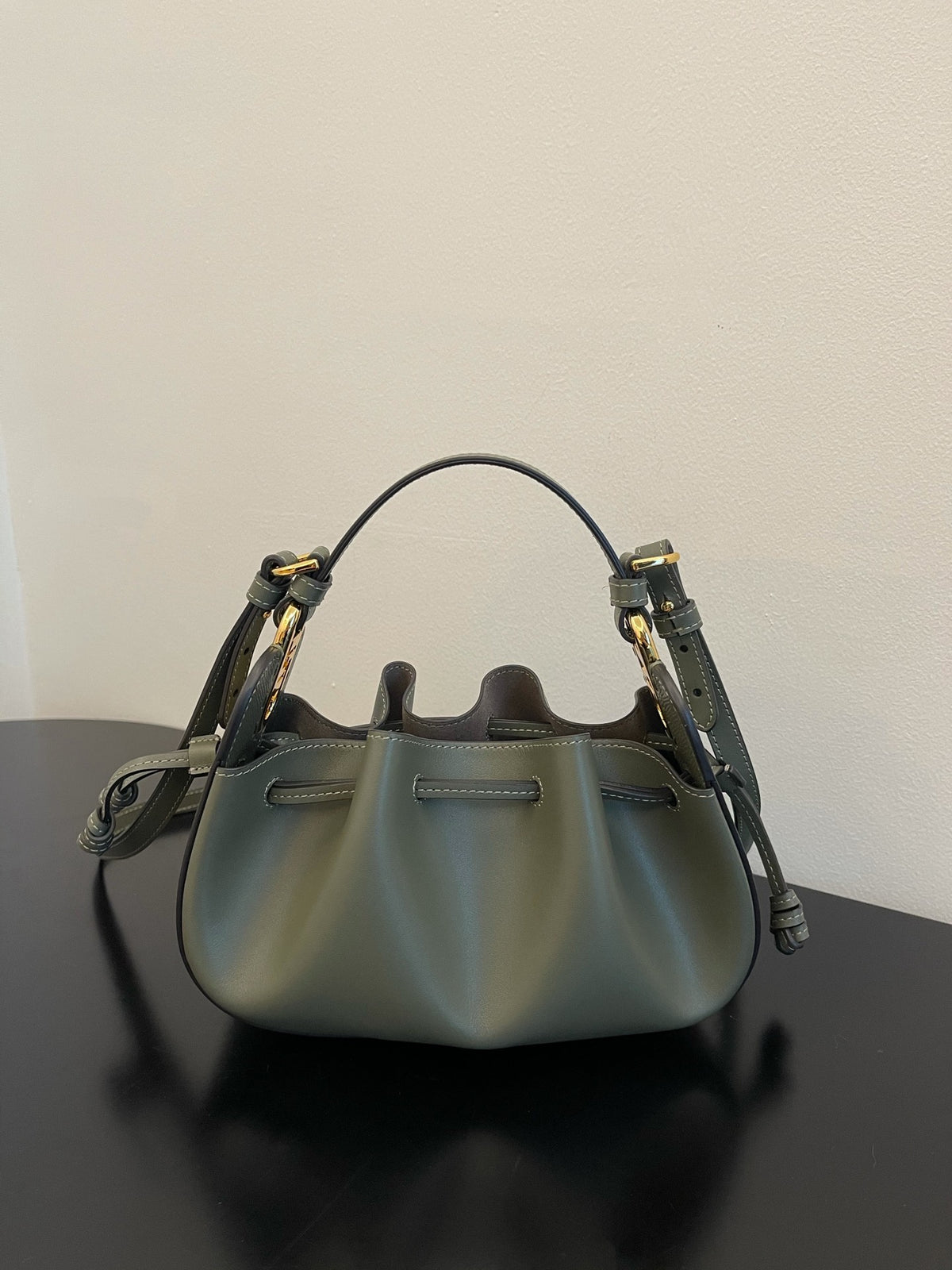 Women's Mini Leather Drawstring Bucket Bag - Olive Green