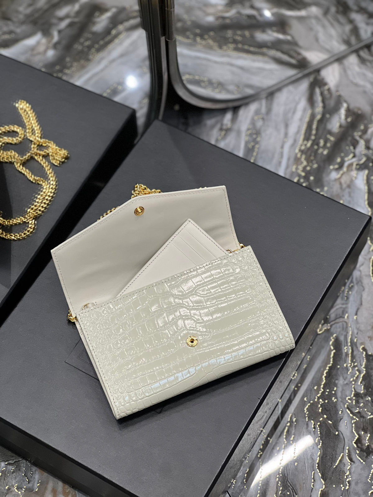 Saint Laurent Uptown Chain Wallet in Croc-Embossed Leather - White