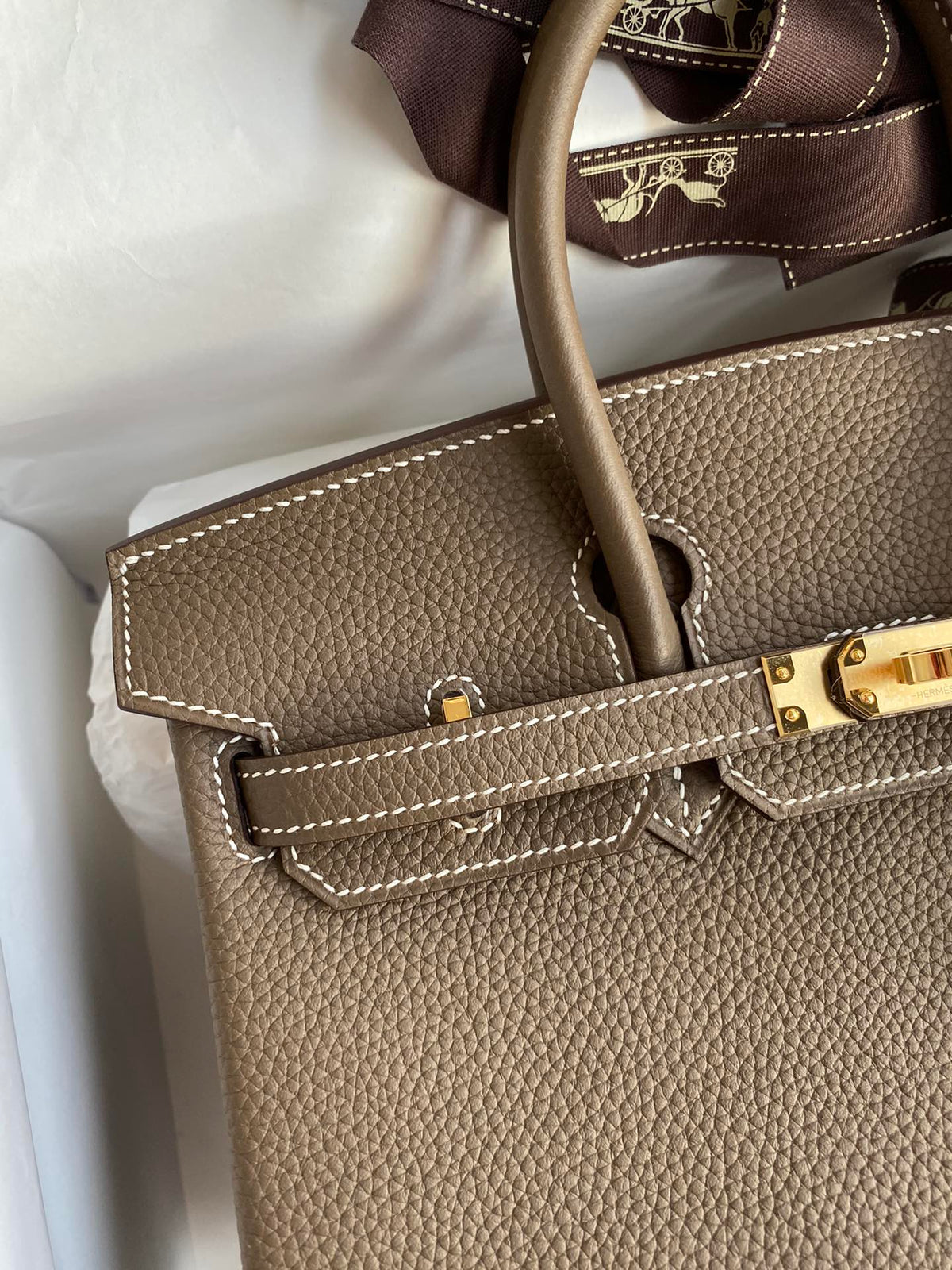 Classic Luxury Taupe Leather Handbag with Gold Hardware - Top Handle Tote Bag