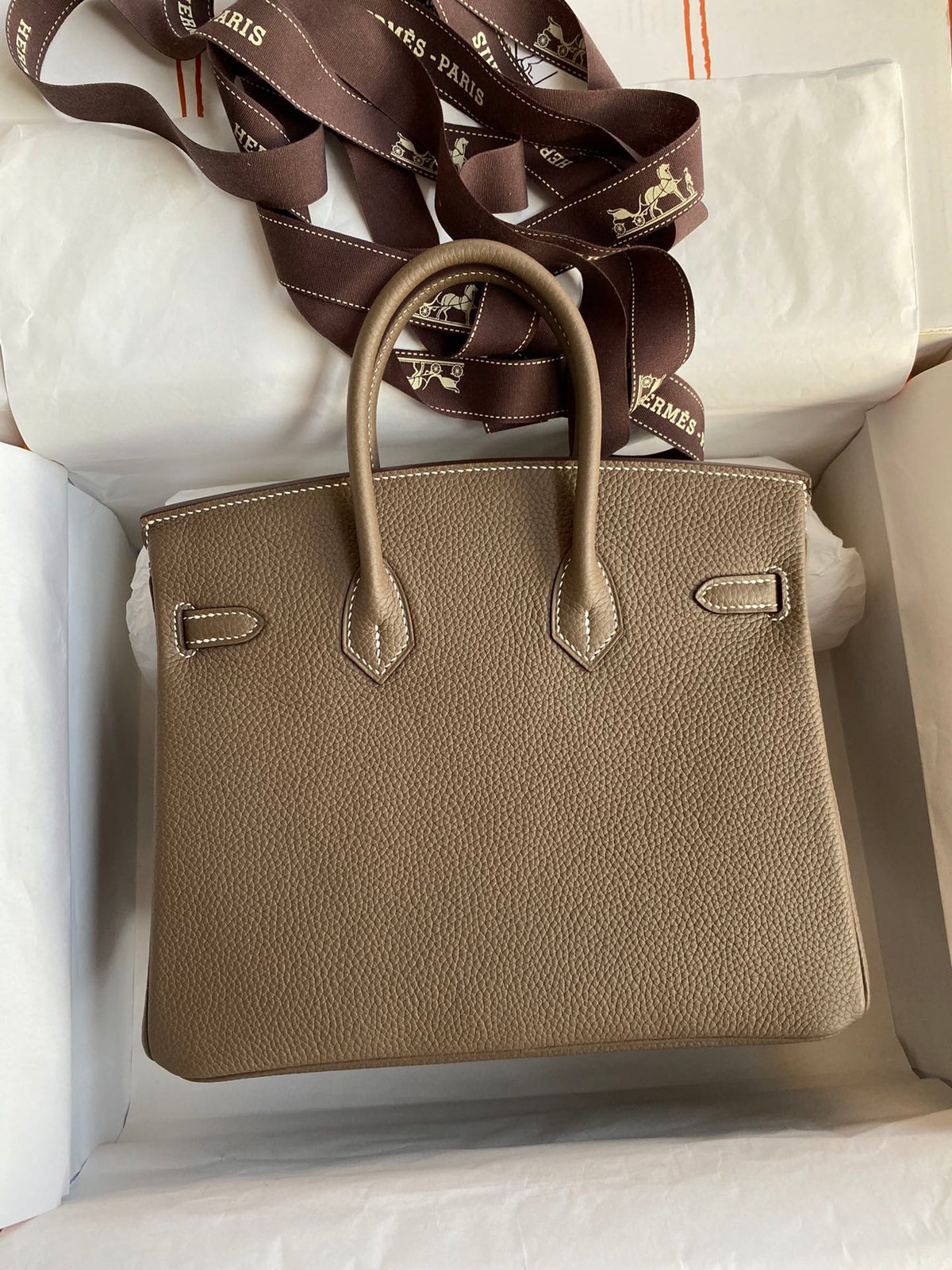 Classic Luxury Taupe Leather Handbag with Gold Hardware - Top Handle Tote Bag