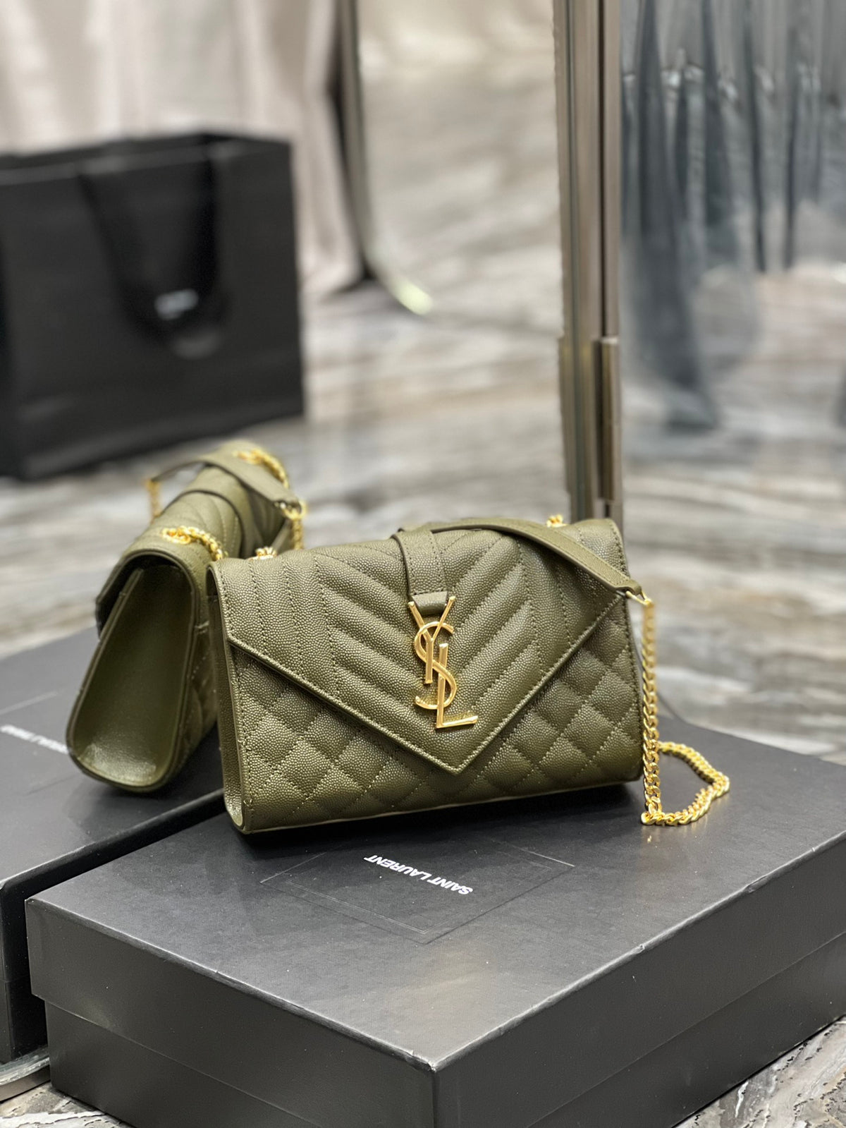 Saint Laurent Cassandre Matelassé Chain Wallet in Olive Green Quilted Leather