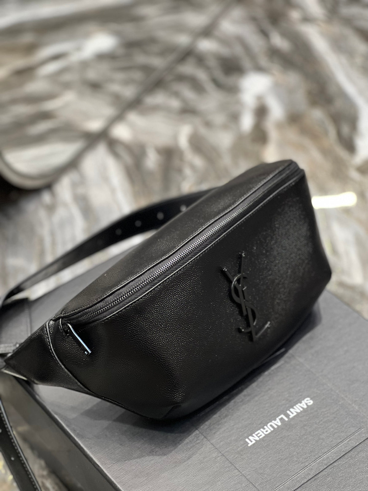 Saint Laurent Cassandre Belt Bag in Black Grain de Poudre Leather