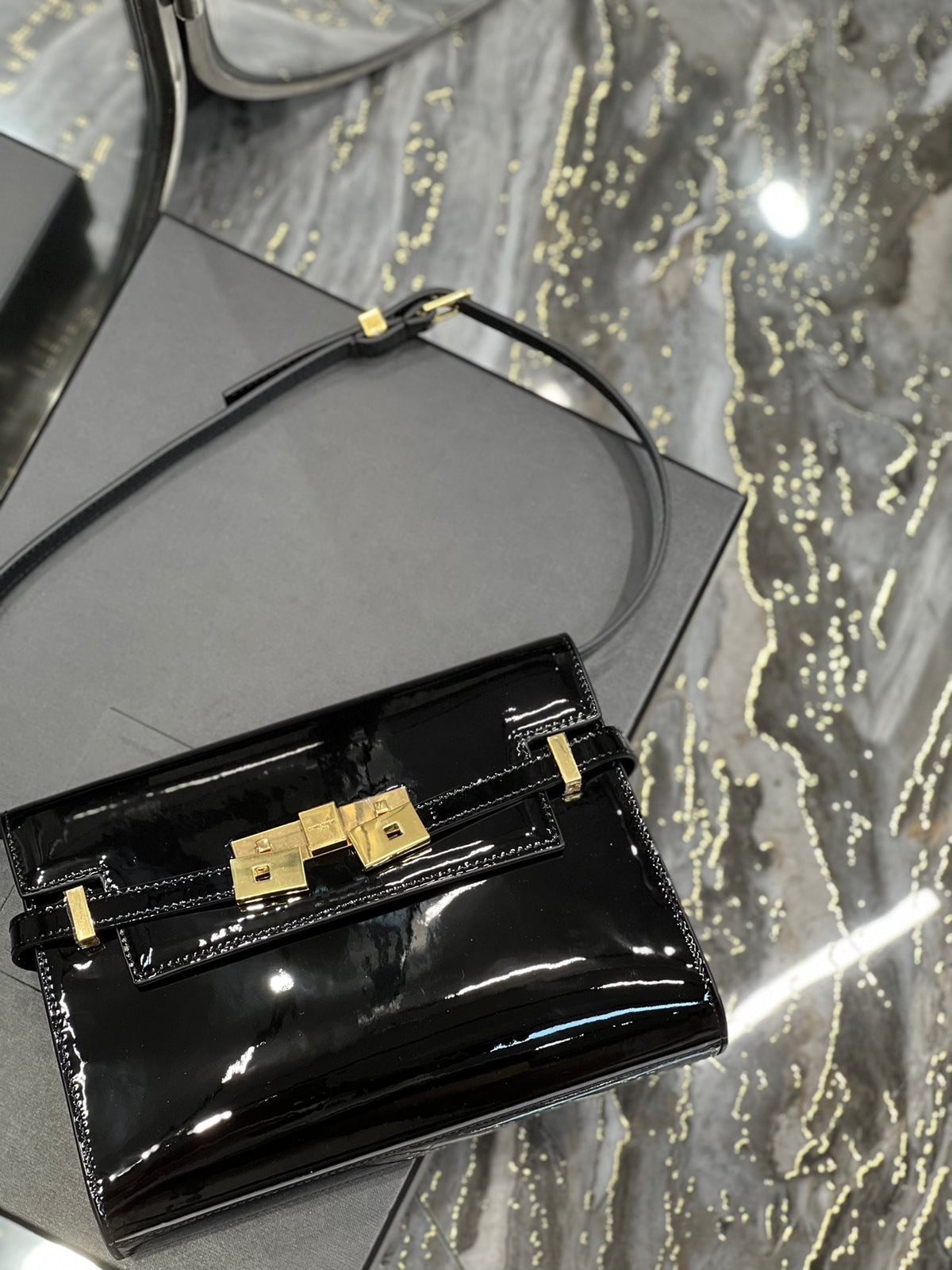 Saint Laurent Manhattan Mini Shoulder Bag in Black Patent Leather