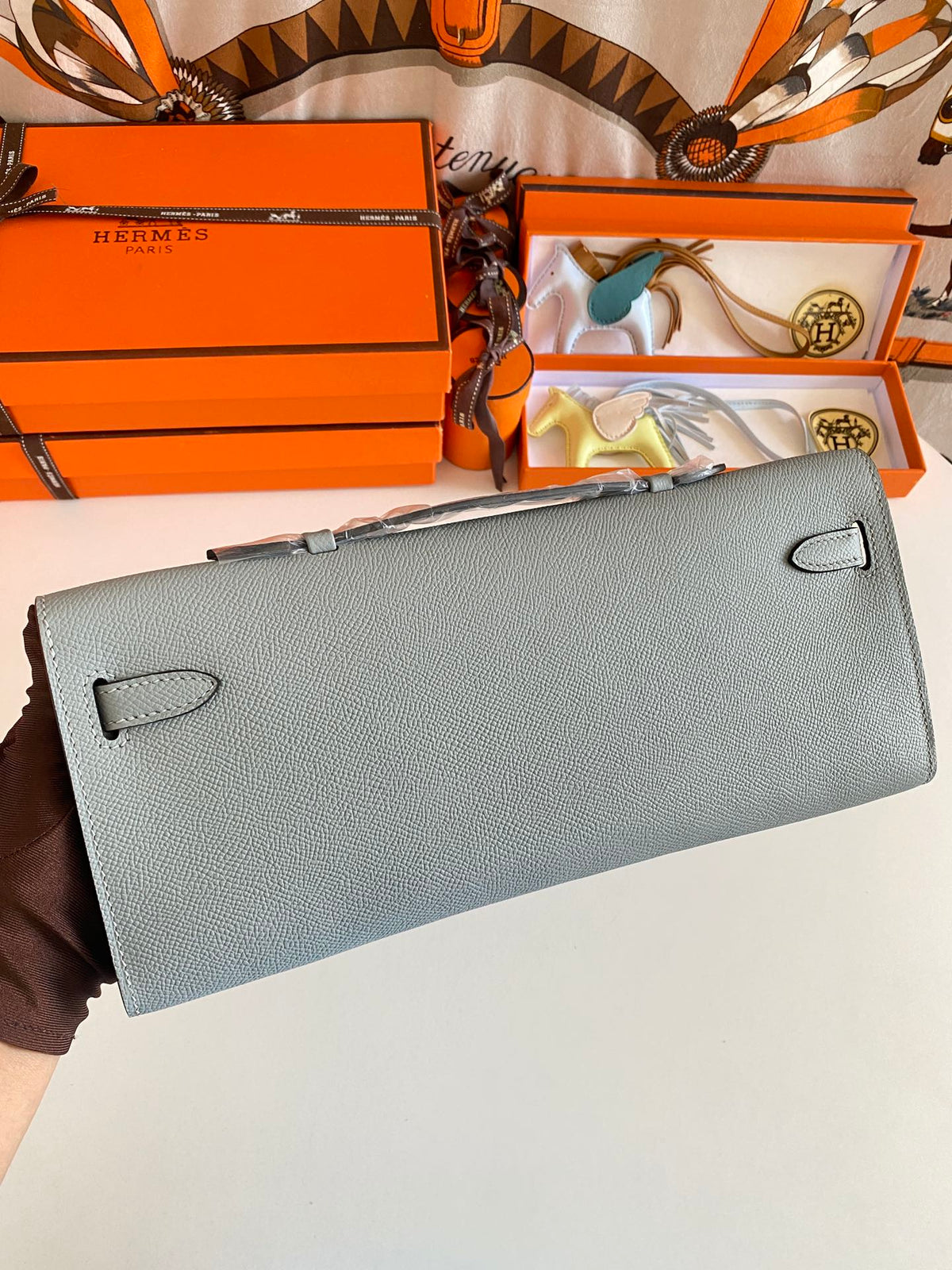 Hermès Kelly Cut Clutch Bag Blue Glacier Swift Leather Palladium Hardware