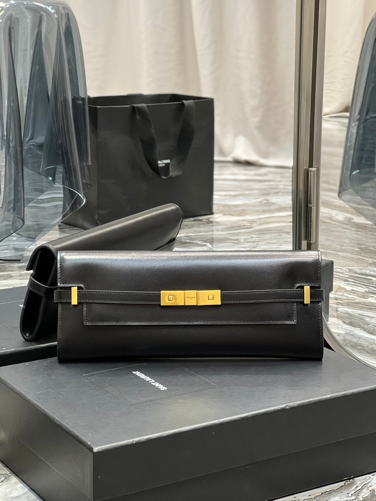 Sophisticated Black Leather Evening Clutch Bag with Gold-Tone Hardware