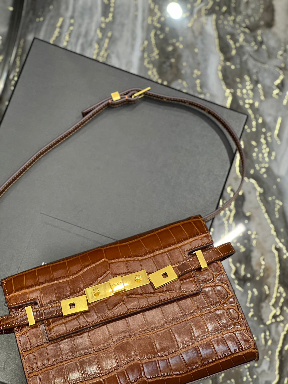 Brown Croc-Embossed Leather Mini Shoulder Bag with Gold Hardware