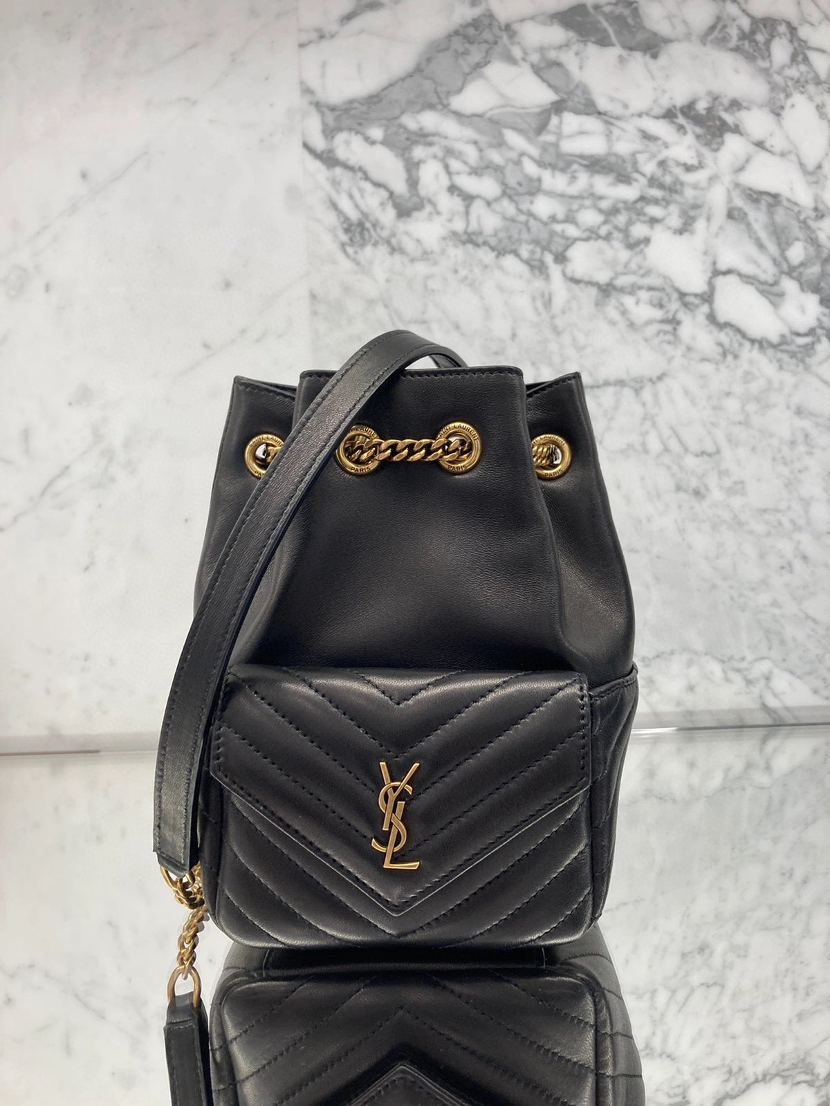 Saint Laurent Black Leather Quilted Bucket Bag and White Leather Loafers Set