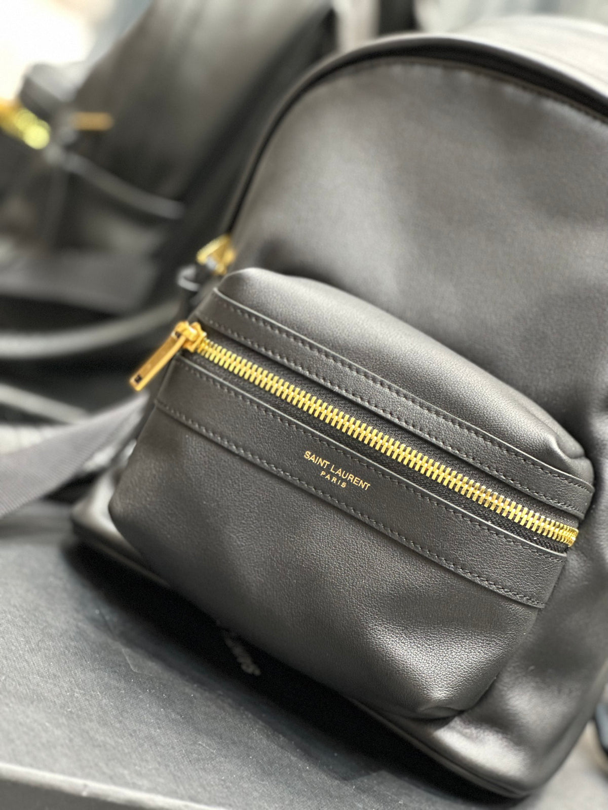 Saint Laurent Black Leather City Backpack - Small Designer Rucksack with Gold Zipper