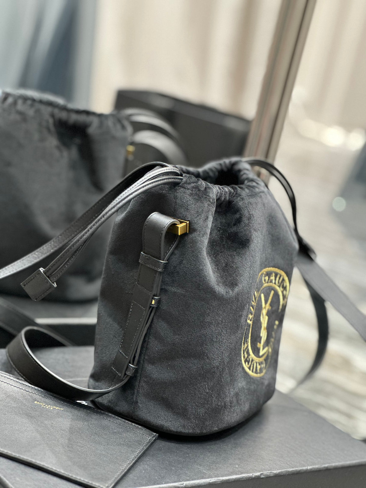 Saint Laurent Rive Gauche Black Canvas Bucket Bag with Pouch