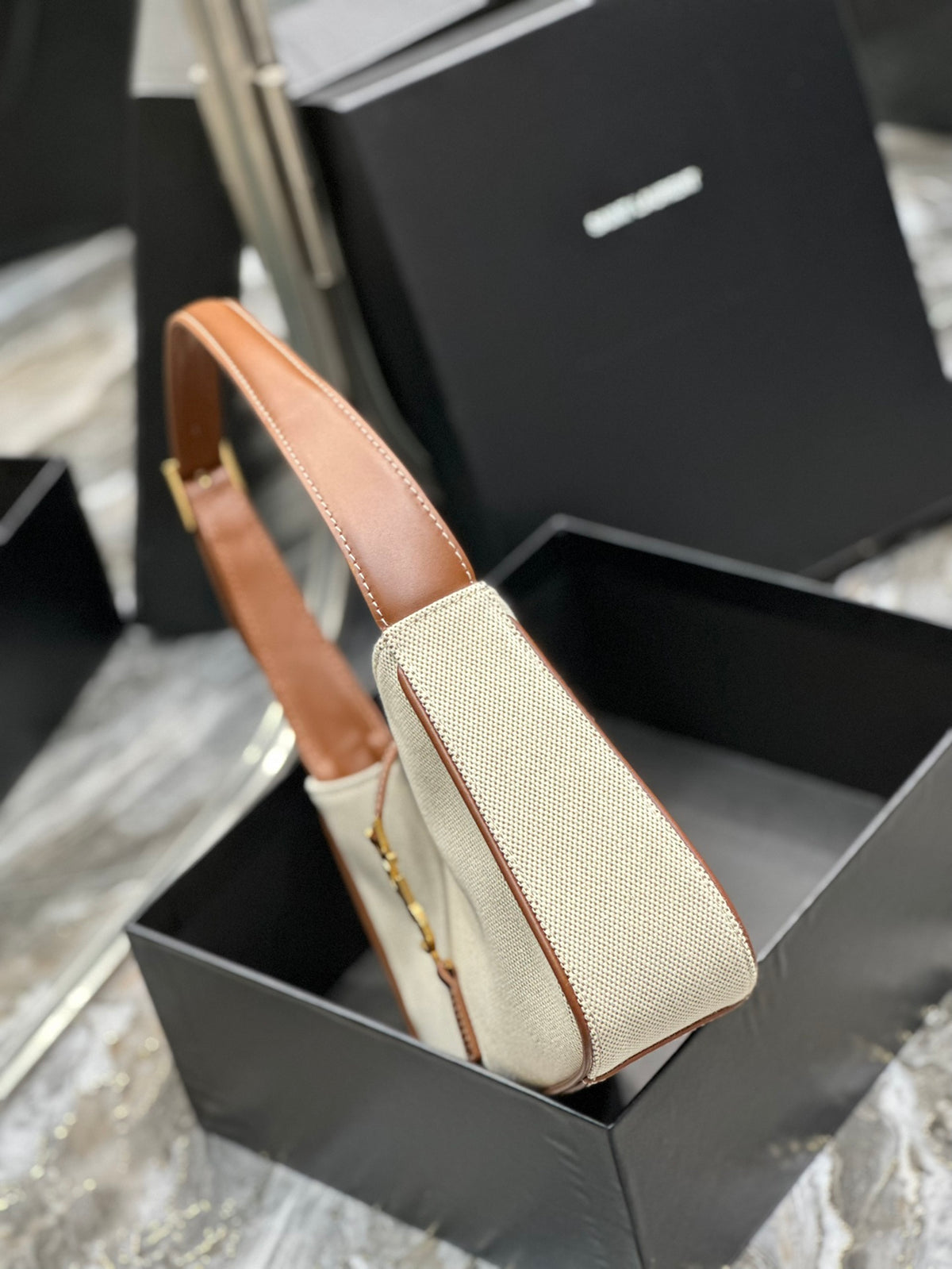 Saint Laurent LE 5 À 7 Hobo Bag in Canvas and Smooth Leather - Beige/Brown