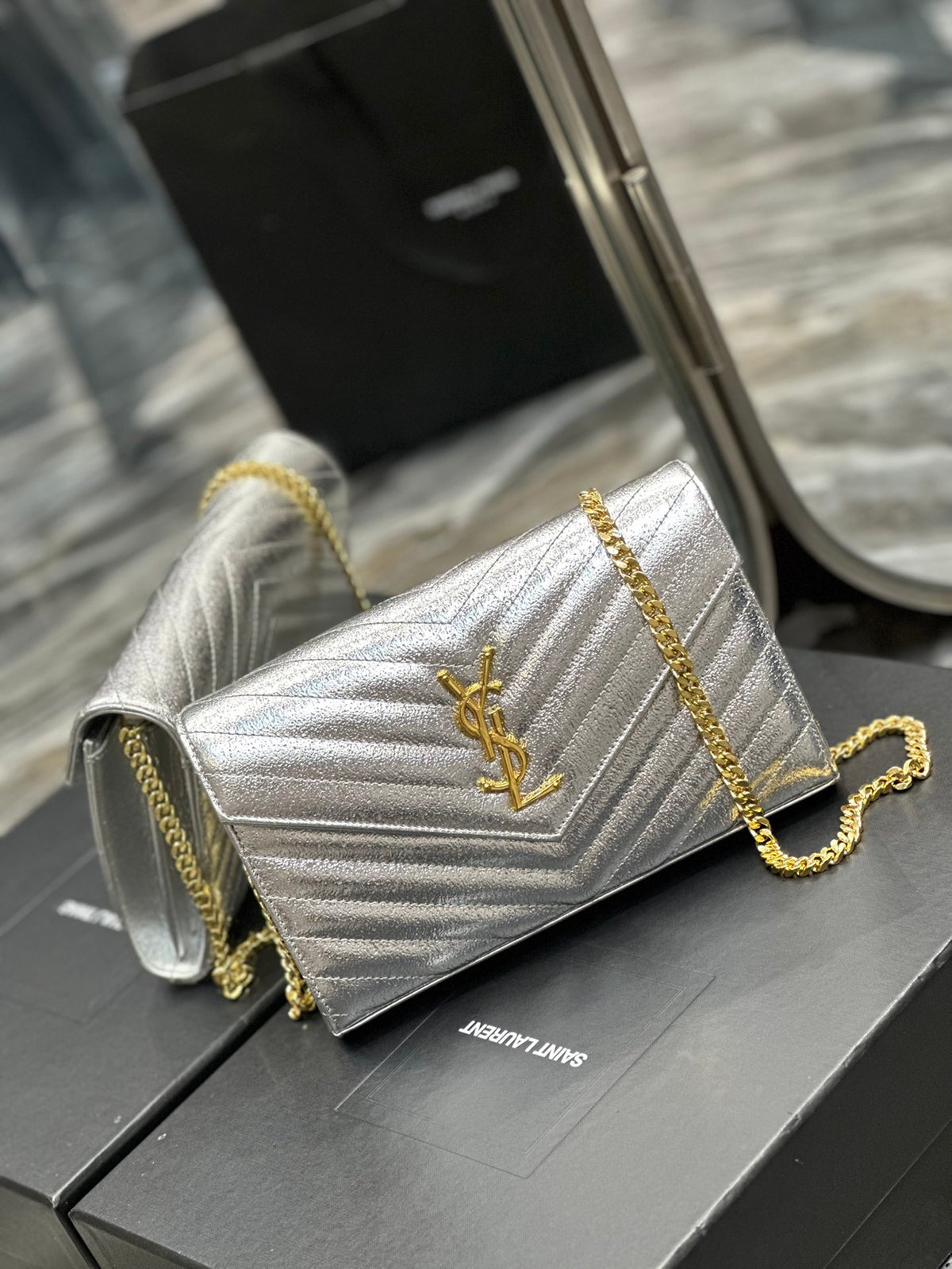 Saint Laurent Monogram Matelassé Leather Chain Wallet - Silver/Gold