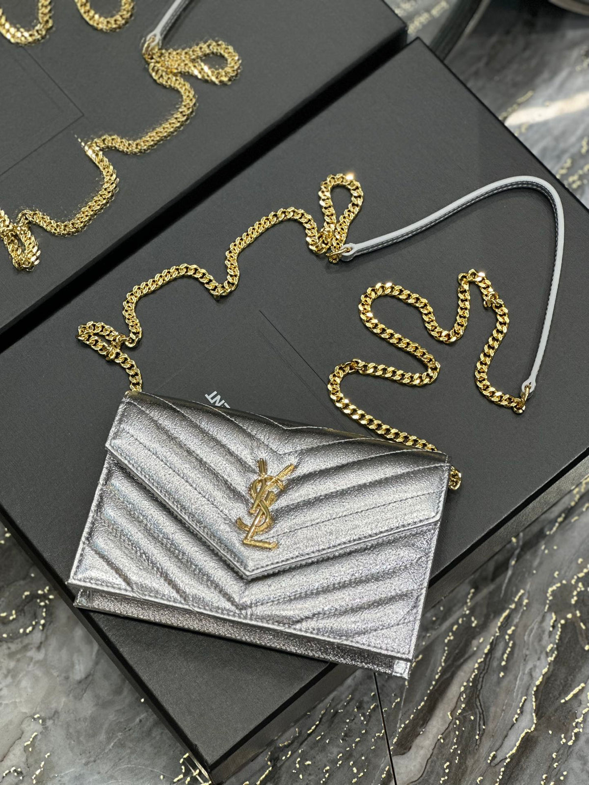 Saint Laurent Monogram Silver Quilted Leather Wallet on Chain with Gold Hardware