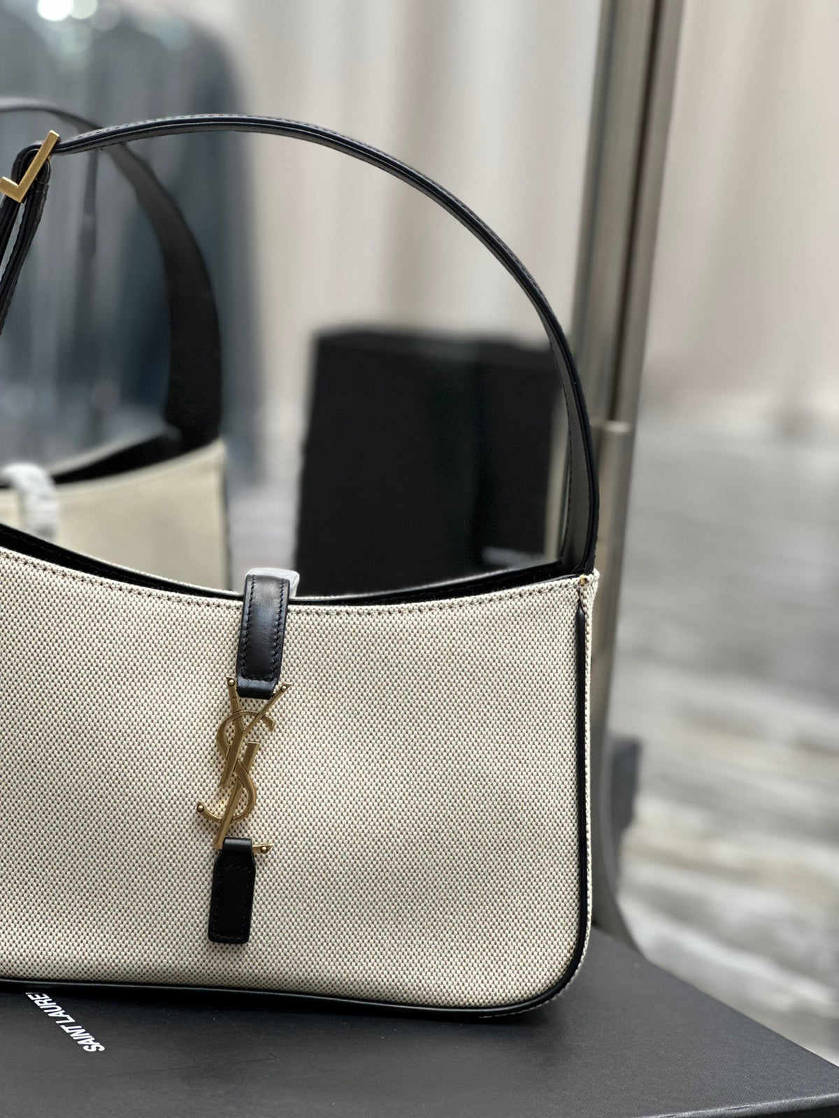 Women's Canvas and Leather Hobo Shoulder Bag with Gold-Tone Logo Closure - Cream/Black