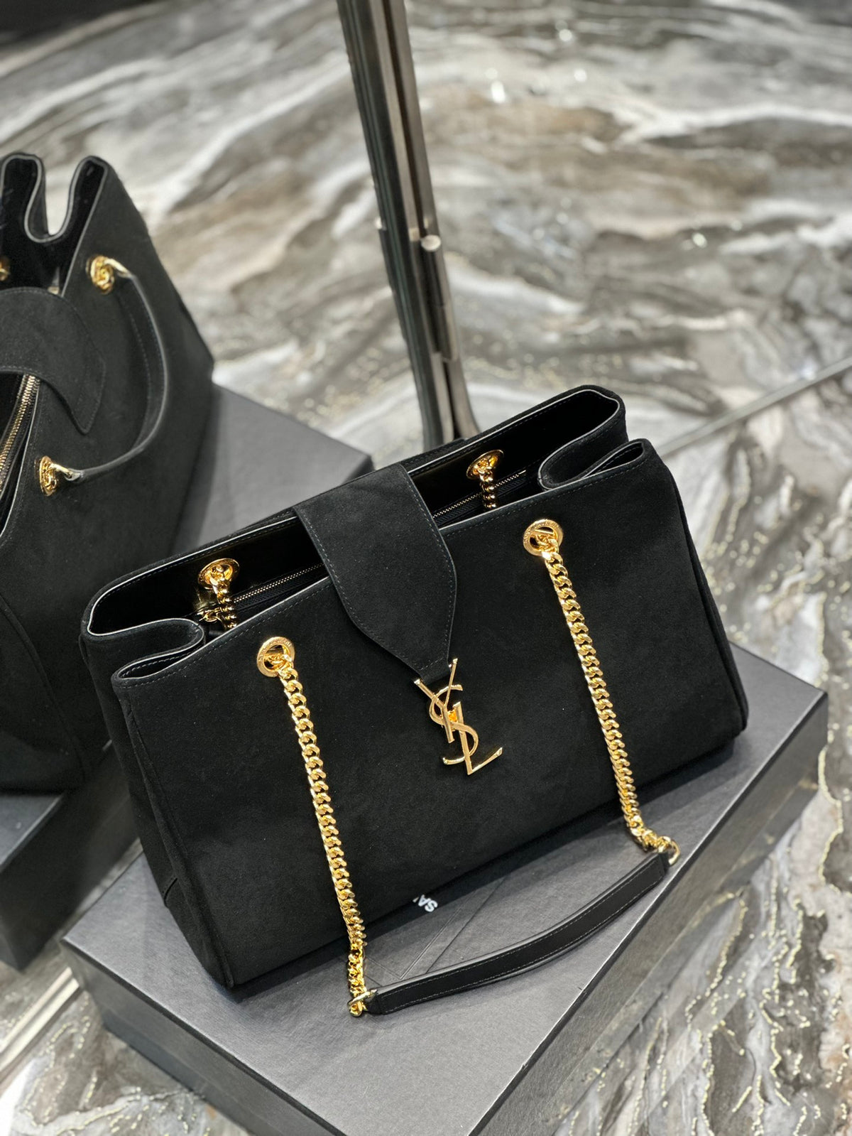 Saint Laurent YSL Monogram Black Suede Shoulder Bag with Gold Chain Hardware
