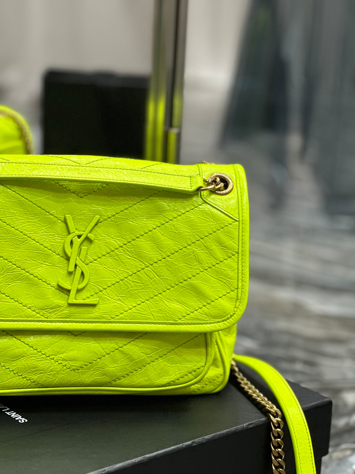 Saint Laurent Niki Medium Shoulder Bag in Neon Yellow Crinkled Leather