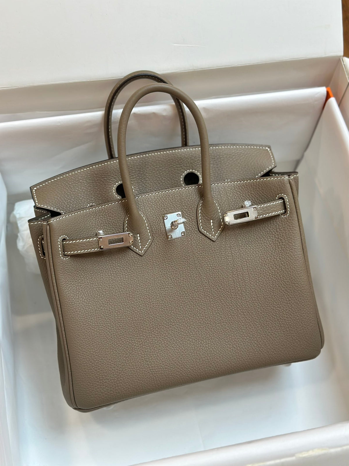 Luxury Taupe Leather Handbag with Silver-Tone Hardware
