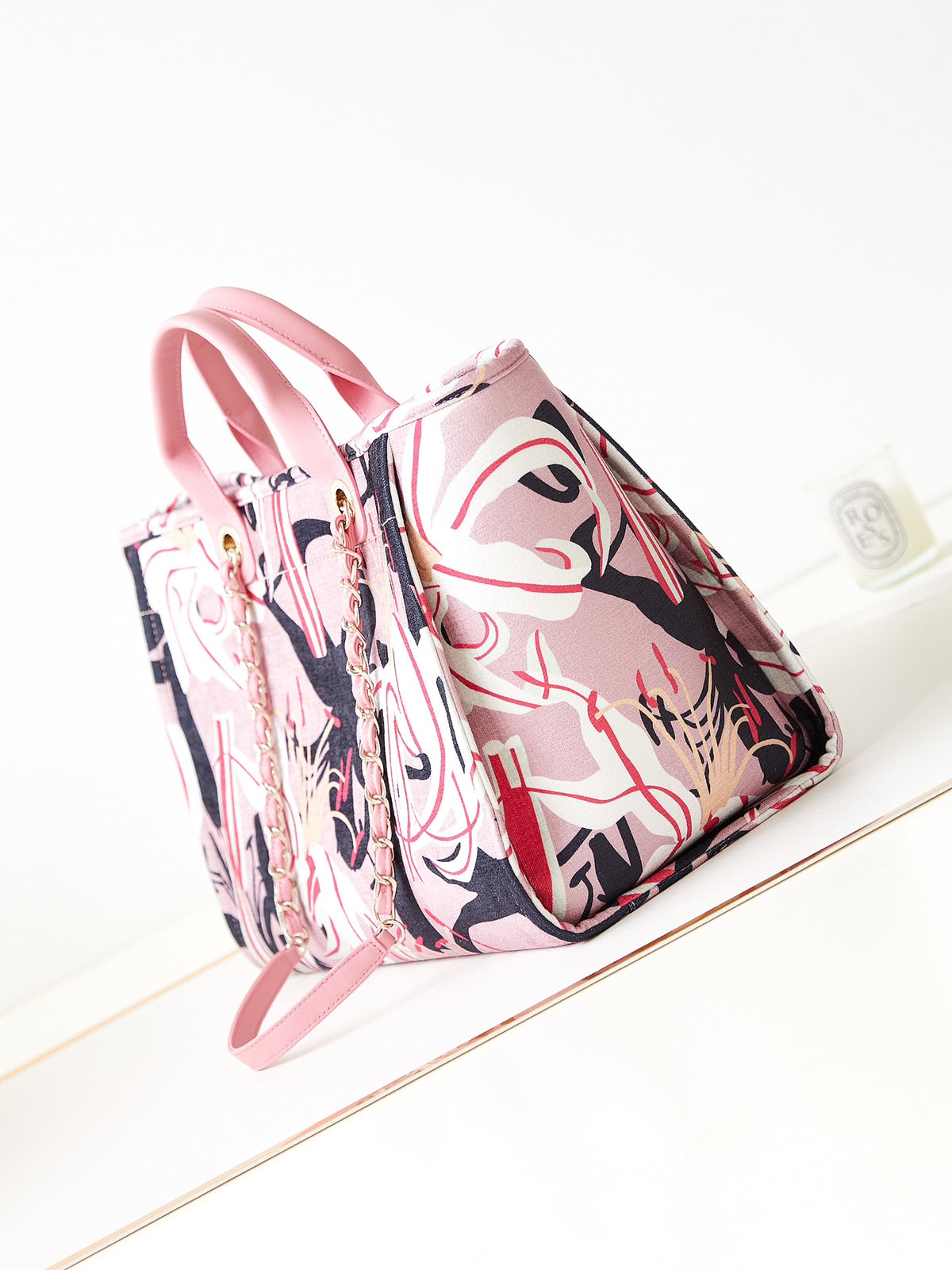 Pink Floral Graphic Pattern Tote Bag with CC Logo Charm and Twin Handles