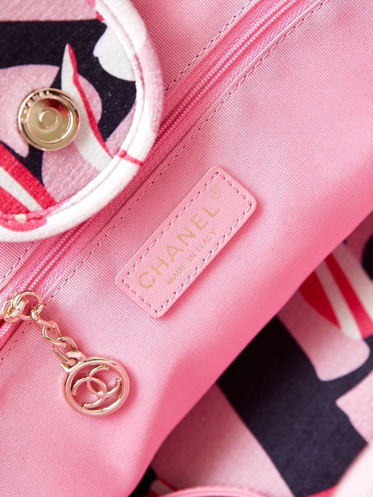 Pink Floral Graphic Pattern Tote Bag with CC Logo Charm and Twin Handles
