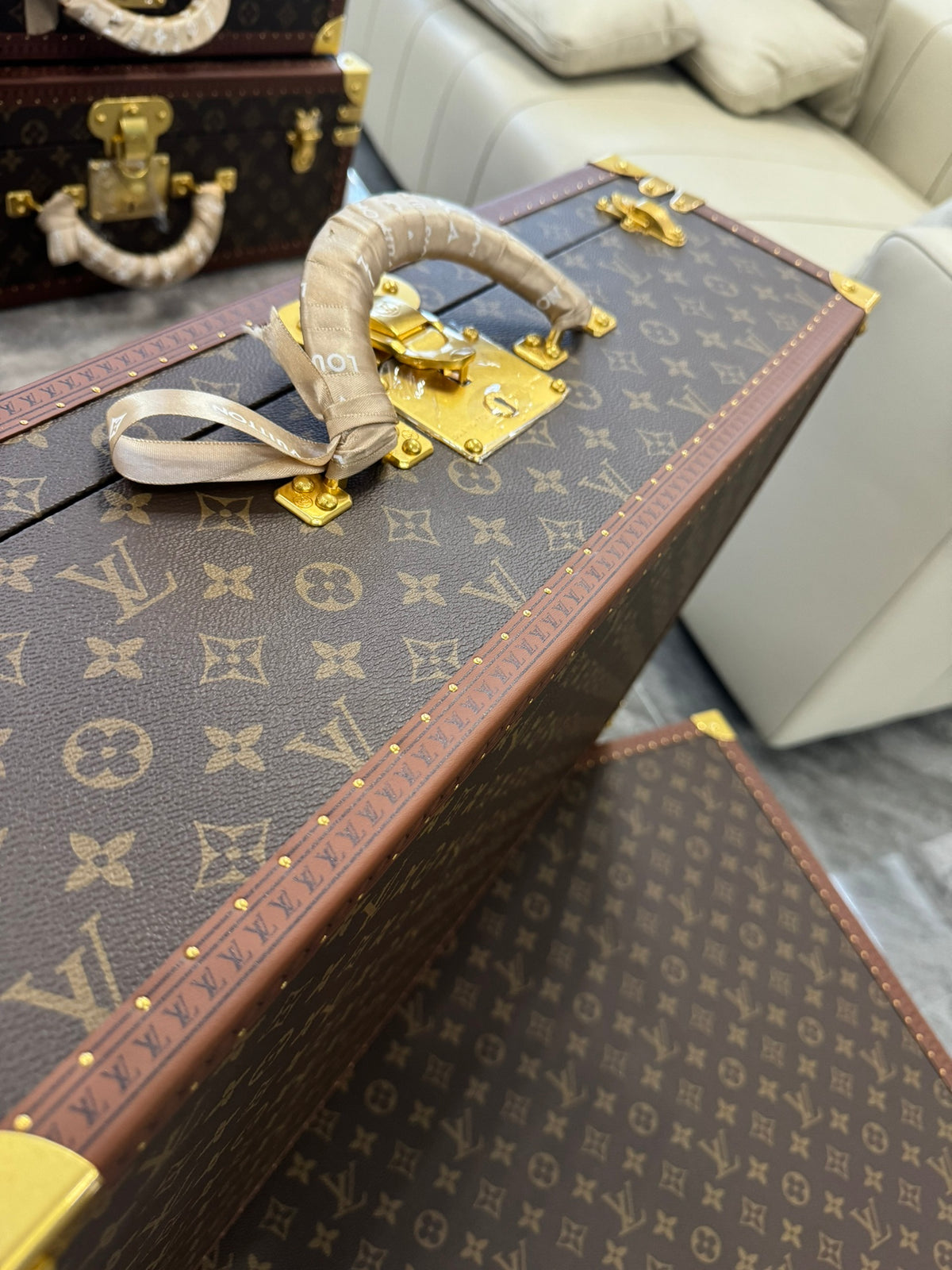 Vintage Brown Monogram Pattern Hard Trunk Case with Gold Latch
