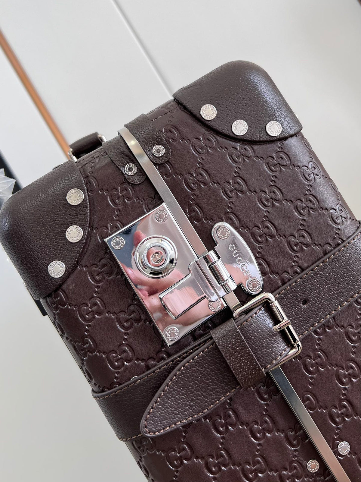 Vintage Brown Embossed Leather Spinner Luggage Suitcase