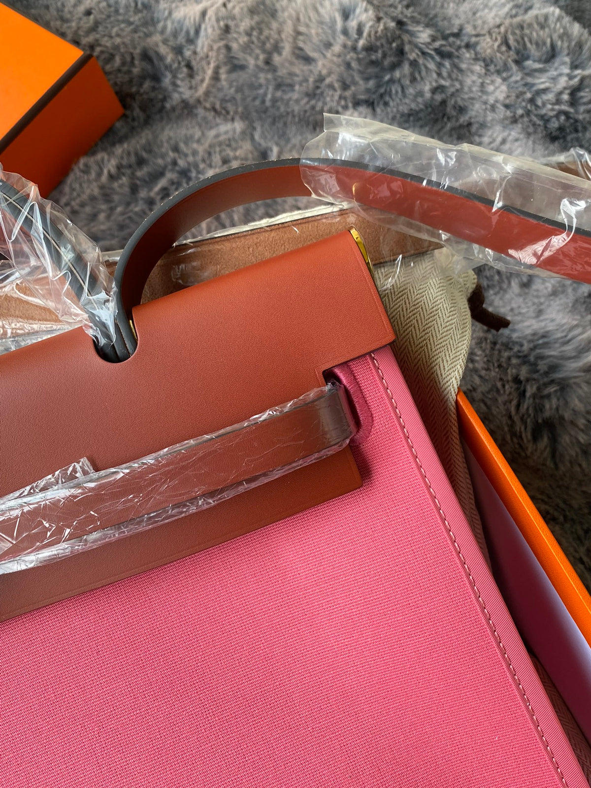 Two-Tone Pink Canvas and Brown Leather Top Handle Handbag - Women's Fashion Tote