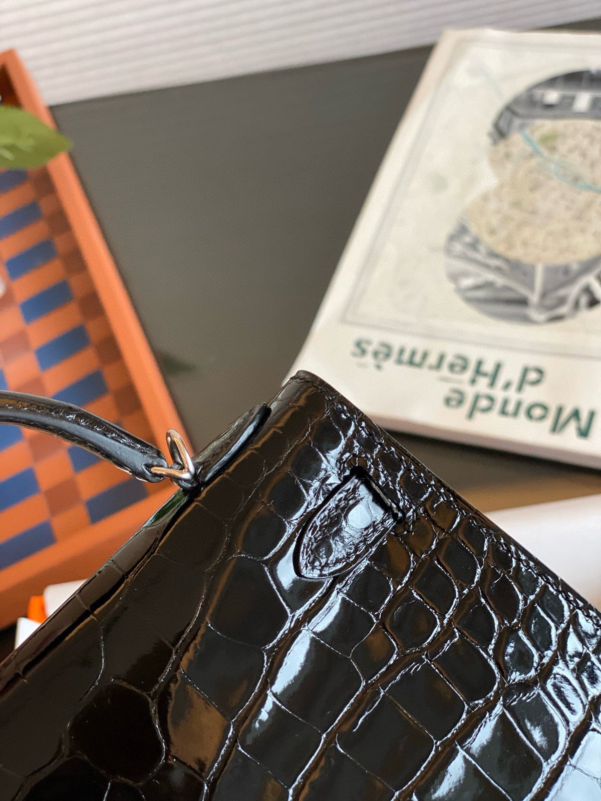Hermès Mini Kelly II Black Shiny Crocodile Palladium Hardware Handbag