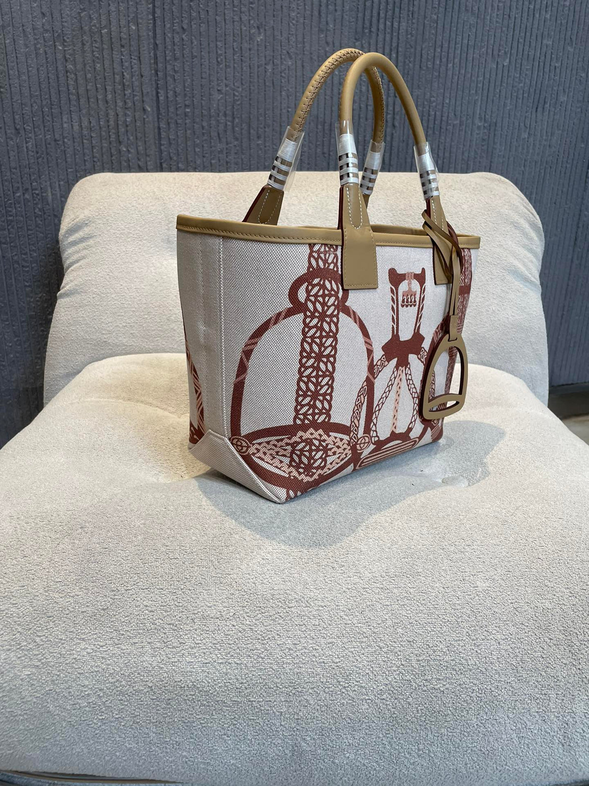 Equestrian Print Canvas Mini Tote Bag with Stirrup Charm